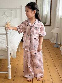 DAZY Young Girl Bow Striped Short Sleeve Button-Up Top And Pants Pajama Set - Pink - View 3