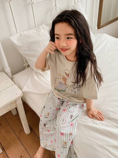 DAZY Young Girl Cartoon Print Short Sleeve Top And Striped Pants Pajama Set