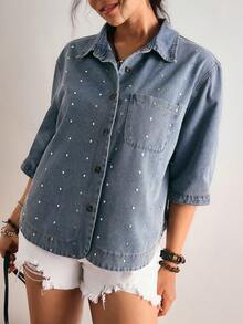 Freevana Áo sơ mi denim dáng suông tay lửng 3/4 đính đinh tán dành cho nữ cỡ lớn, thích hợp mặc mùa hè, mùa xuân, đi lễ hội, dự tiệc, đi biển, đi chơi, hẹn hò, dự tiệc cocktail, sự kiện trang trọng, kỳ nghỉ, văn phòng, công sở, đi làm, khách dự đám cưới và lễ hội miền Tây. - Màu xanh lam - Xem 5