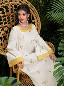Yasmyna Square Neck Yellow Contrast Embroidered Traditional Arabic Long Robe - Multicolor - View 1