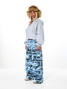 SUMWON WOMEN Textured Blue Camouflage Wide Leg Cargo Pants For Women High Waisted Military Print Baggy Trousers Streetwear Casual Bottoms - Blue - View 5