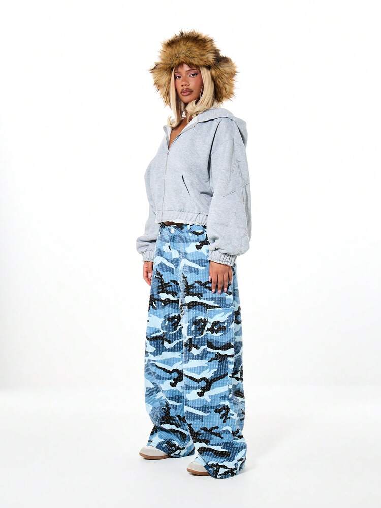 SUMWON WOMEN Textured Camouflage Wide Leg Cargo Pants