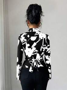 Elenzga 女士优雅印花休闲通勤系带衬衫，秋季款 - 黑色 - 查看 2