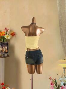 Attitoon Women's Casual Drawstring Tie-Front Cropped Camisole Top - Light Yellow - View 3