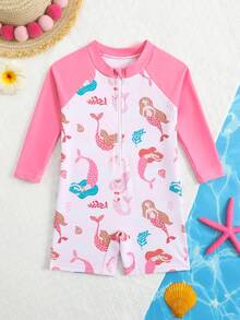 女婴/女童新款长袖连体泳衣，随机印花 - 粉色 - 查看 1