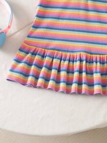 SHEIN 新生女宝宝可爱休闲针织彩色条纹polo领短袖连衣裙 - 彩色 - 查看 5