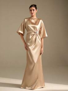 CLARA VERO Women's Satin Rhinestone Decor Asymmetrical Ruffle Hem Dress - Champagne - View 2