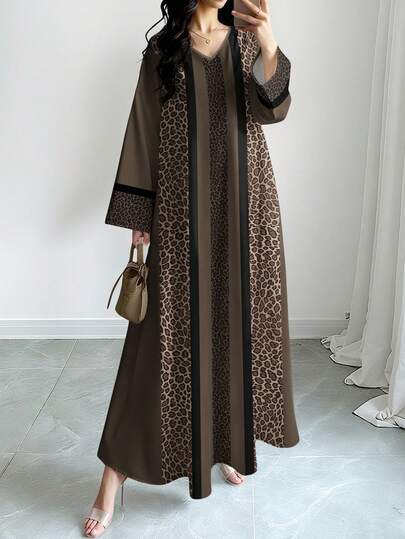 SHEIN Najma Abito elegante da donna in stile vintage, con stampa digitale a patchwork leopardata, scollo a V e maniche lunghe, adatto per primavera e autunno