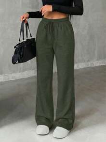 Pantalones de chándal acampanados de unicolor con cordón en la cintura para mujer - Verde militar - Ver 3