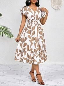 SHEIN Lady 女士休闲褶皱印花腰带中长连衣裙 - 彩色 - 查看 5