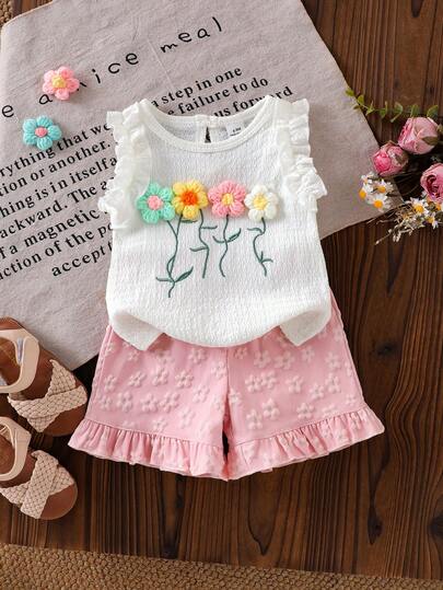 SHEIN 2pcs Baby Girls' Fashionable & Sweet Floral Decorated Sleeveless White Top And Floral Print Pink Shorts Casual Suit, Summer