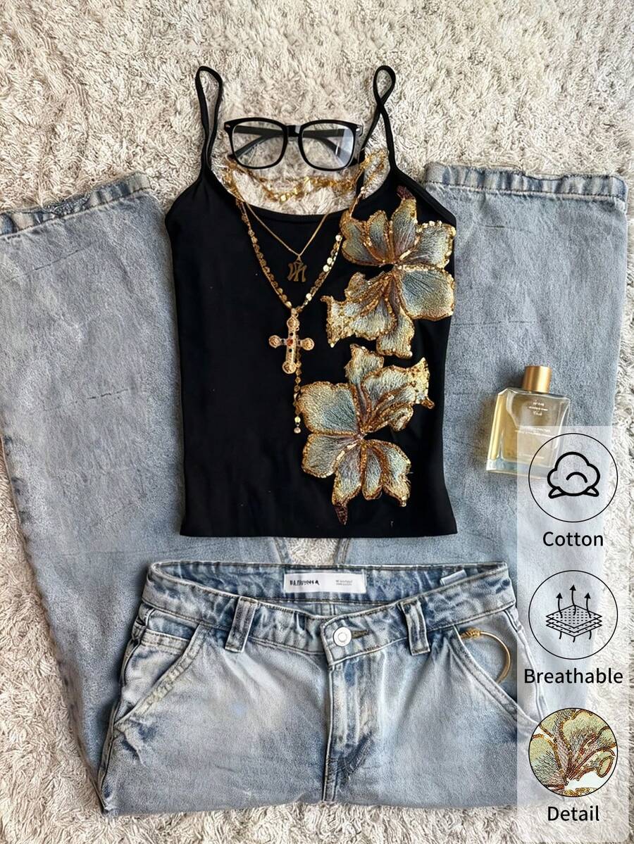 Glimmora Áo hai dây thêu hoa vintage kiểu Y2K năm 2026 dành cho nữ, áo tank top không tay dây mảnh thanh lịch, chất liệu cotton pha, thích hợp cho mùa hè dự tiệc hoặc đi chơi.