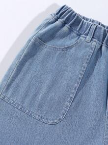 One Piece 少女 2026 春夏新款浅蓝色水洗弹力腰大口袋阔腿牛仔长裤，少女高腰宽松垂坠风格学生牛仔裤，休闲舒适百搭时尚夏季薄款复古风阔腿牛仔长裤 - 中等水洗藍 - 查看 5