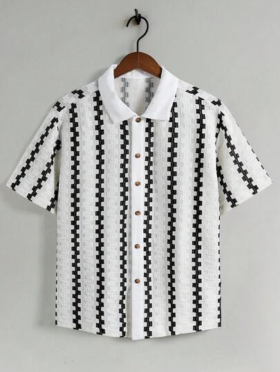 TOKVUE 休闲时尚百搭夏季男士纽扣短袖衬衫 男士黑白条纹衬衫 男士纹理衬衫 男士短袖纽扣衬衫，男士秋季户外服装，2025 秋季男士服装，新款秋季衬衫是一款百搭的秋季外出衬衫，适合通勤、休闲约会和商务等各种场合，