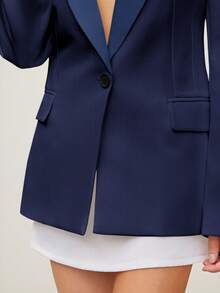 Aveloria Modichic Flat Lapel, Single Button, Flap Detail Elegant Suit Jacket  - Navy Blue - View 8