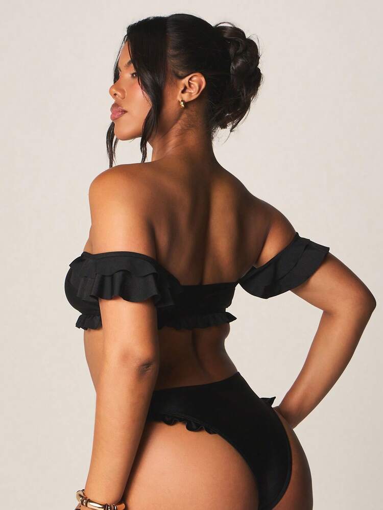 MISSGUIDED Off-Shoulder Ruffle Bikini Top With Sweetheart Neckline And Smocked Band Detail Summer Beachwear