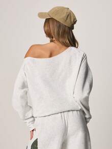 Missguided x Playboy Off Shoulder Logo Graphic Pullover Sweatshirt Casual Oversized Long Sleeve Crop Top Fall Winter Comfort - Light Grey - View 2