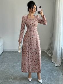 Modelyn 女士春夏梭织花卉印花长袖收腰A字优雅浪漫连衣裙 - 粉色 - 查看 3