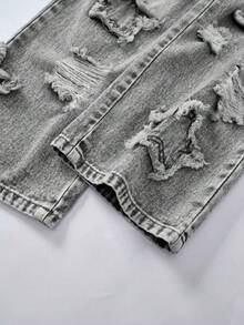 Tween Girl Retro Casual Personalized Fashion Blue Washed Ripped Patch Five-Pointed Star Embroidery Straight Leg Jeans, Relaxed Holiday & Casual Style Bottom - Grey - View 7