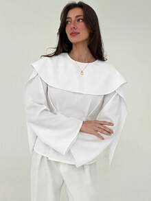 Aloruh 女士纯色圆领喇叭袖褶裥腰身简约时尚衬衫 - 白色 - 查看 3
