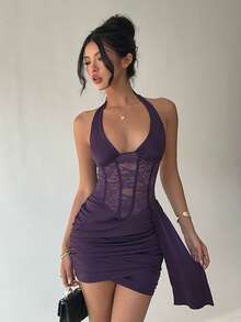 Aloruh Eggplant Purple Romantic Date Night Deep V Fishbone Lace Ruched Mini Dress - Purple - View 5