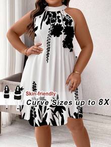 SHEIN CURVE+ Curve Size US22Music Festival, Seaside Vacation, BohemiaCURVE PLUS / / Halter A-Line Black & White Placement Print Dress Sundress Plus Casual Dress - Black and White - View 7