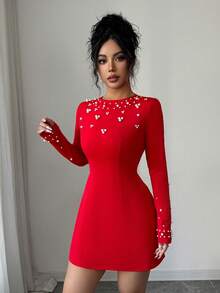 Selianne Neues asymmetrisches Bubble-Perlen elegantes rotes A-Linien Minikleid mit langen Ärmeln, geeignet für Dates, Partys und Zusammenkünfte - Rot - Übersicht 7