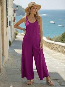 Faunlyn Women's Summer Wide Leg Jumpsuit With Pockets, Fashionable And Casual For Holidays Spring Clothes - Violet Purple - View 3