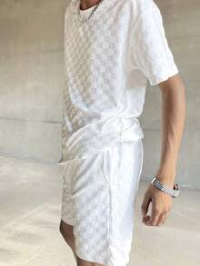 Ngobest Haus Ngobest Haus Ensemble t-shirt ample et short en jacquard de couleur unie d'été pour hommes, tenue confortable - Blanc - Voir 1