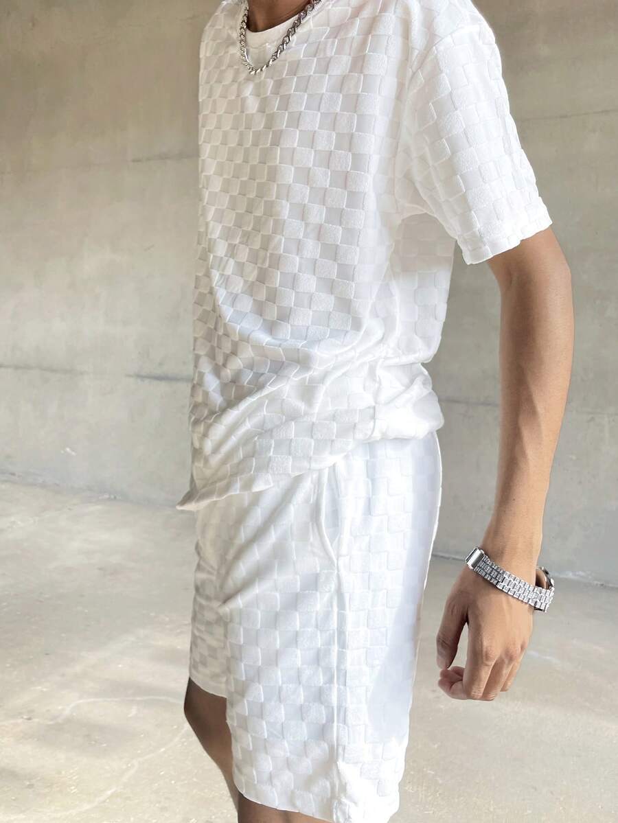 Ngobest Haus Ngobest Haus Ensemble t-shirt ample et short en jacquard de couleur unie d'été pour hommes, tenue confortable - Blanc - Voir 1