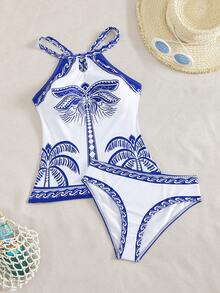 Swim Lushoire 2025 New Arrival Trending Camisole Bikini 2Pcs Set Women Coconut Tree Placement Print/Elegant Ladies Swimsuit/Holiday Beach Outfit/Pool Wear - Blue and White - View 7