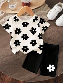 SHEIN 两件套女婴套装，简约甜美度假风印花短袖T恤搭配纯色印花短裤，适合夏季外出穿着。 - 彩色 - 查看 3