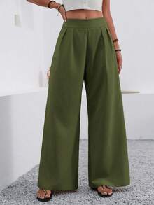 Elenzga petite 女士夏季休闲褶裥直筒裤，带口袋，杏色/驼色，适合外出、约会、度假穿着 - 軍綠色 - 查看 5