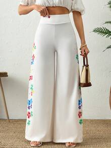 EURMUSE Quần ống rộng nữ có họa tiết hoa - trắng - Xem 1