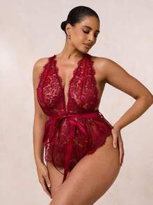 SHEIN BAE 2 件套加大码蕾丝无线紧身衣和腰带 - 酒紅色 - 查看 6