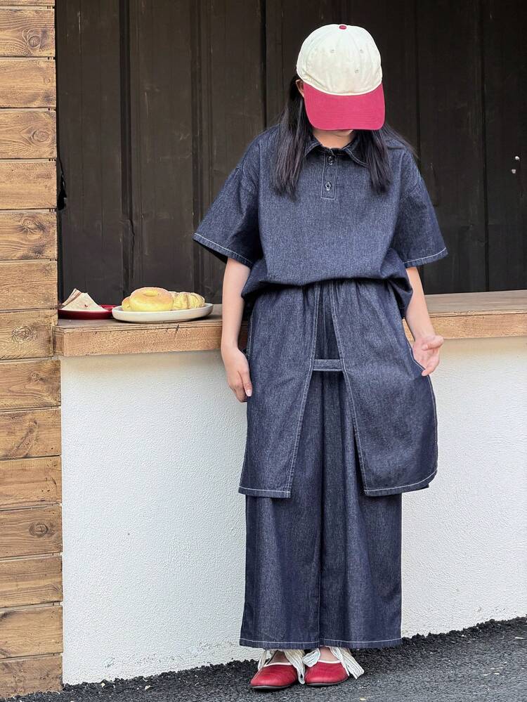 Tween Girls Spring Fashion Collared Short Sleeve Denim Shirt & High Waist Wide Leg Denim Pants 2-Piece Set Summer