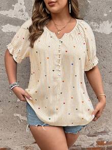 SHEIN Clasi 大码女式休闲法式条纹爱心印花短袖衬衫，夏季 - 黃色 - 查看 3