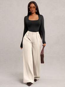 Radiana 大码女式极简时尚米色宽松阔腿裤，通勤裤，米色阔腿裤，高腰阔腿裤，米色西装裤，春夏款 - 米色 - 查看 4