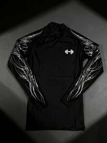 Manfinity Sport PWRUP 男士印花立领修身长袖运动T恤防晒衣男士压缩长袖紧身衣男士压缩衬衫压缩上衣男士压缩衬衫 - 黑色 - 查看 4