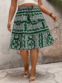 EMERY ROSE 大码女式假日休闲印花系腰半身裙 - 墨綠色 - 查看 6