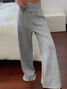 DAZY Women's Solid Color Loose Drawstring Elastic Waist Wide Leg Pants, Casual Sports Trousers For Spring & Autumn - Grey - View 5