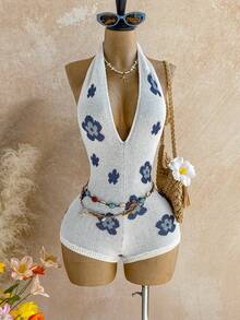 Soleia Women's Floral Pattern Halter Backless Jumpsuit - Multicolor - View 3