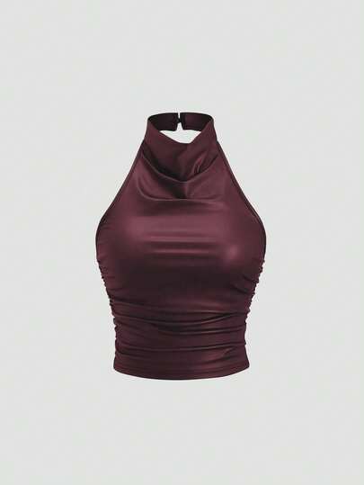 Sweetra 女士涂层褶皱纯色挂脖背心，休闲通勤皆宜，Y2K风格