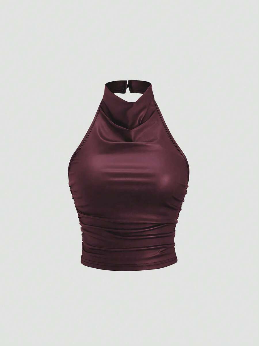 Sweetra 女士涂层褶皱纯色挂脖背心，休闲通勤皆宜，Y2K风格 - 酒紅色 - 查看 1