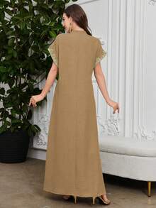 Al Najma Đầm thanh lịch cổ đứng thêu hoa, tay raglan, cổ bẻ - màu nâu - Xem 2