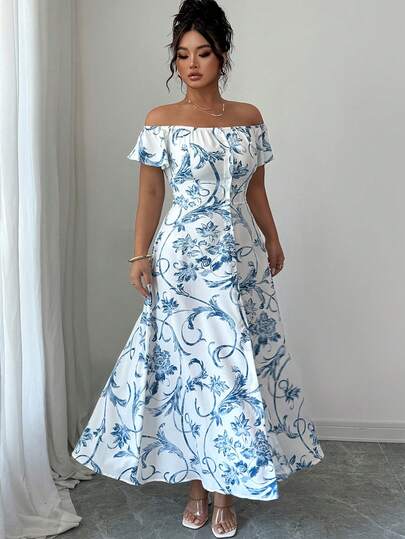 SHEIN Elenzya Large-Sized Woven Printed Vacation One-Neck Elegant Summer Dress