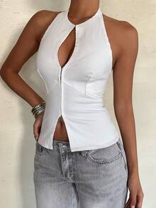 Aloruh Áo kiểu denim cổ yếm hở lưng màu trơn thời trang dành cho nữ, thích hợp cho mùa hè. - trắng - Xem 1