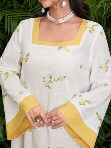 Yasmyna Square Neck Yellow Contrast Embroidered Traditional Arabic Long Robe - Multicolor - View 2