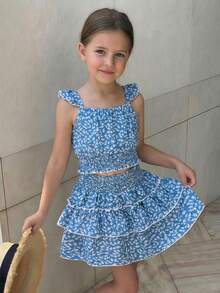 2pcs/Set Young Girls' Summer Blue Floral Print Off Shoulder Flutter Sleeve Shirt And Elastic Waist Ruffle Hem Skirt Casual Outfit - Blue - View 3