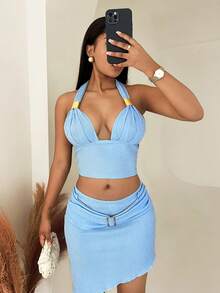 BamGleam Women's Metal Buckle Textured Fabric Halter Neck Camisole, Spring/Summer - Blue - View 5